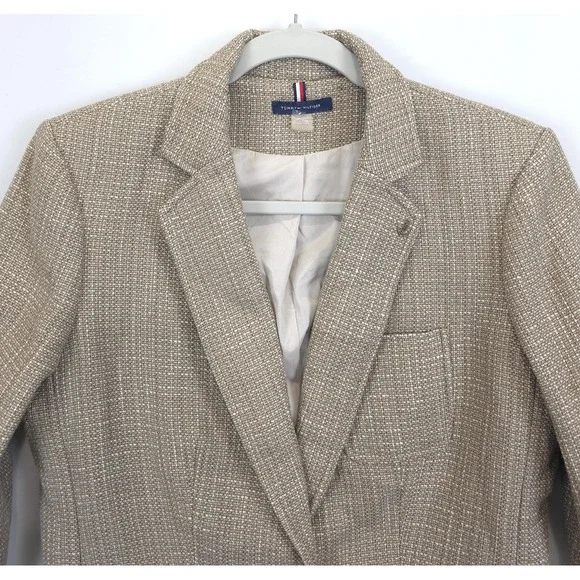 Tommy Hilfiger Blazer Womens 10 Beige Textured Metallic Two Button Lined Jacket - Picture 13 of 14